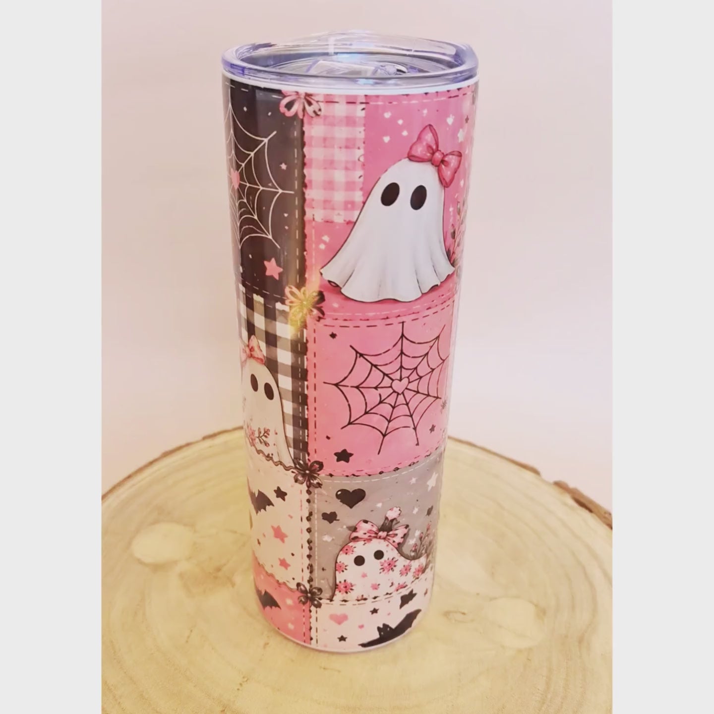 Pink Halloween Patchwork Tumbler | 600ml (20oz) with Straw